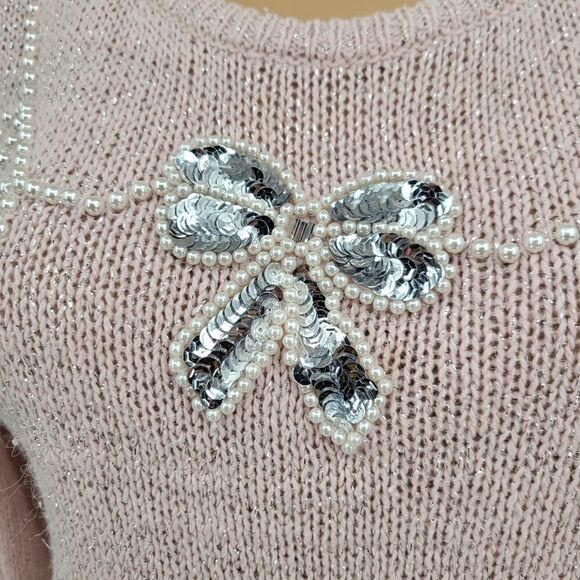 Stepping Stones Vintage Light Pink Silk Angora Blend Pearl Sequin Bow on Front - Picture 3 of 11